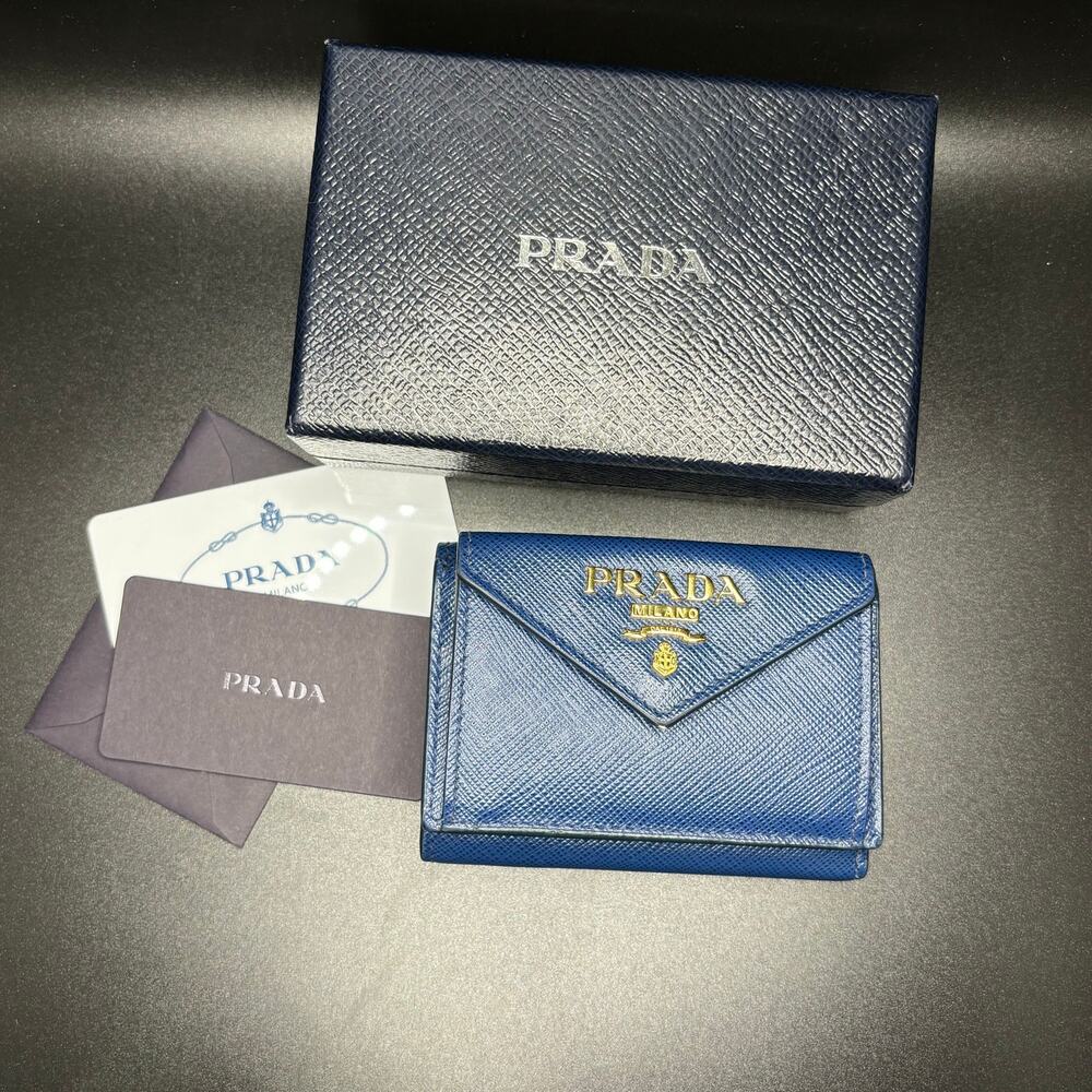 PRADA Trifold Wallet Blue Saffiano Leather